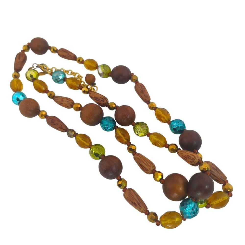 Joan Rivers Wood Bead Necklace QVC Facet Blue Green Gold Signed 40" + 4" ext